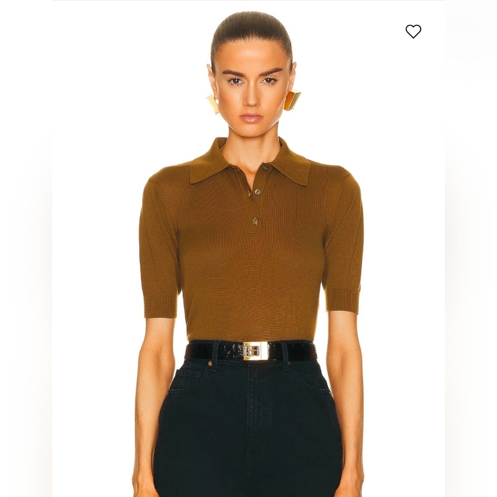 Saint Laurent $1200 Womens Cropped Polo Brown Cashmere Wool Collared SS Sz S - Picture 2 of 13